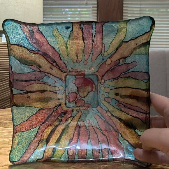 Art Glass Bowl, Italian 8" x 8" x 2.5" Has Sparkle, Primary Colors, Abstract - Picture 8 of 8